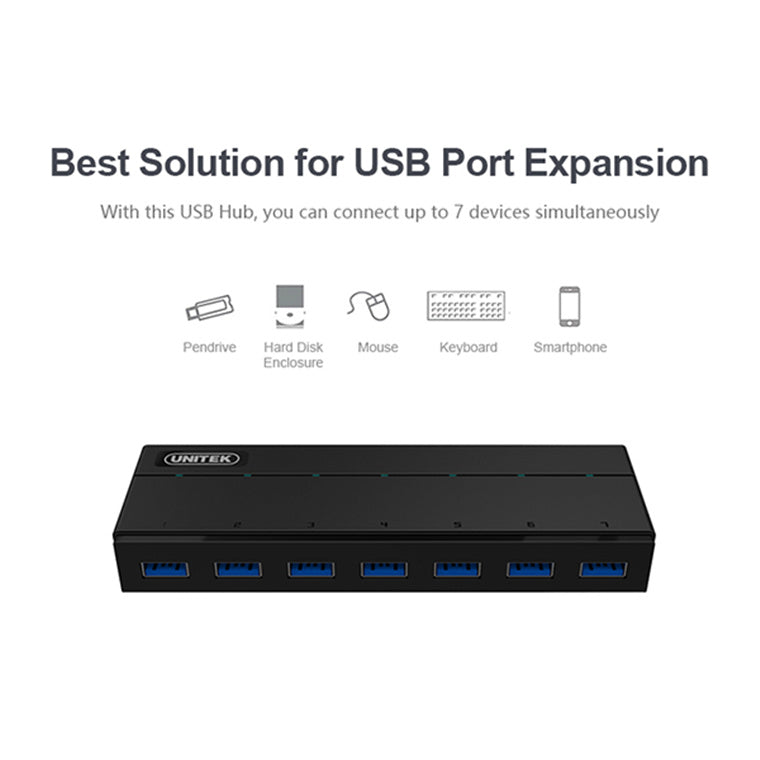 Unitek Y-3184 - USB 3.0 7-Port Hub w/ 1.5A Charging Per Port. Super Speed Data Transfer up to 5Gbps. LED