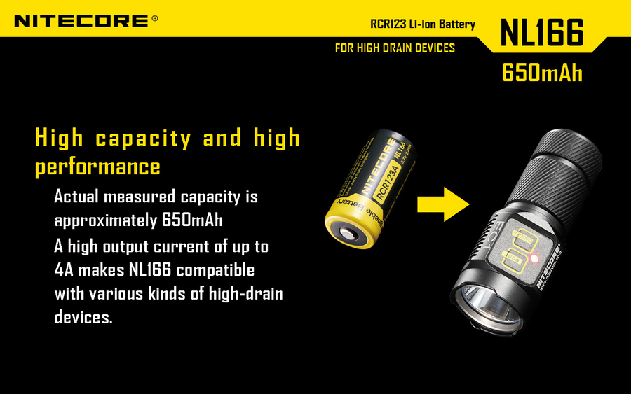 NL166 - NITECORE LI-ION RECHARGEBALE BATTERY RCR123A (3.7V; 650mAh)