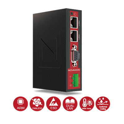 Novakon Protocol gateway DIN-rail Protocol Conversion Gateway ARM Cortex-A8 (1GHz) CPU, 512MB RAM, 4GB eMMC, dual Ethernet ports, 19.2 ~ 28.8V isolated power, metal chassis, iM-Connect Protocol Conversion Software Runtime