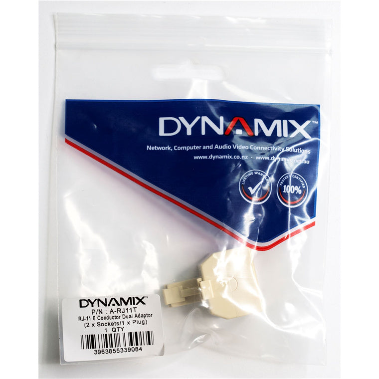 DYNAMIX A-RJ11T - RJ11 6x Conductor Dual Adaptor 2x Sockets/1x Plug