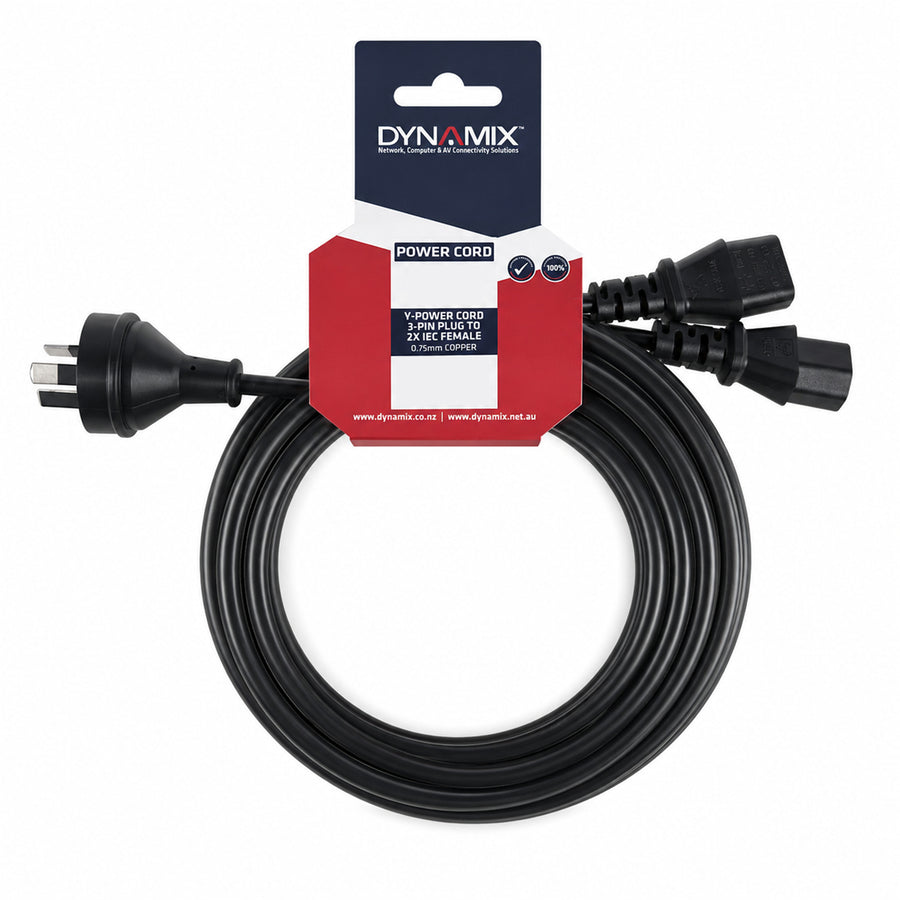 DYNAMIX C-POWERCY - 2M Y Power Cord. 3-Pin Plug to 2x IEC C13 Female Connectors 10A. SAA Approved.