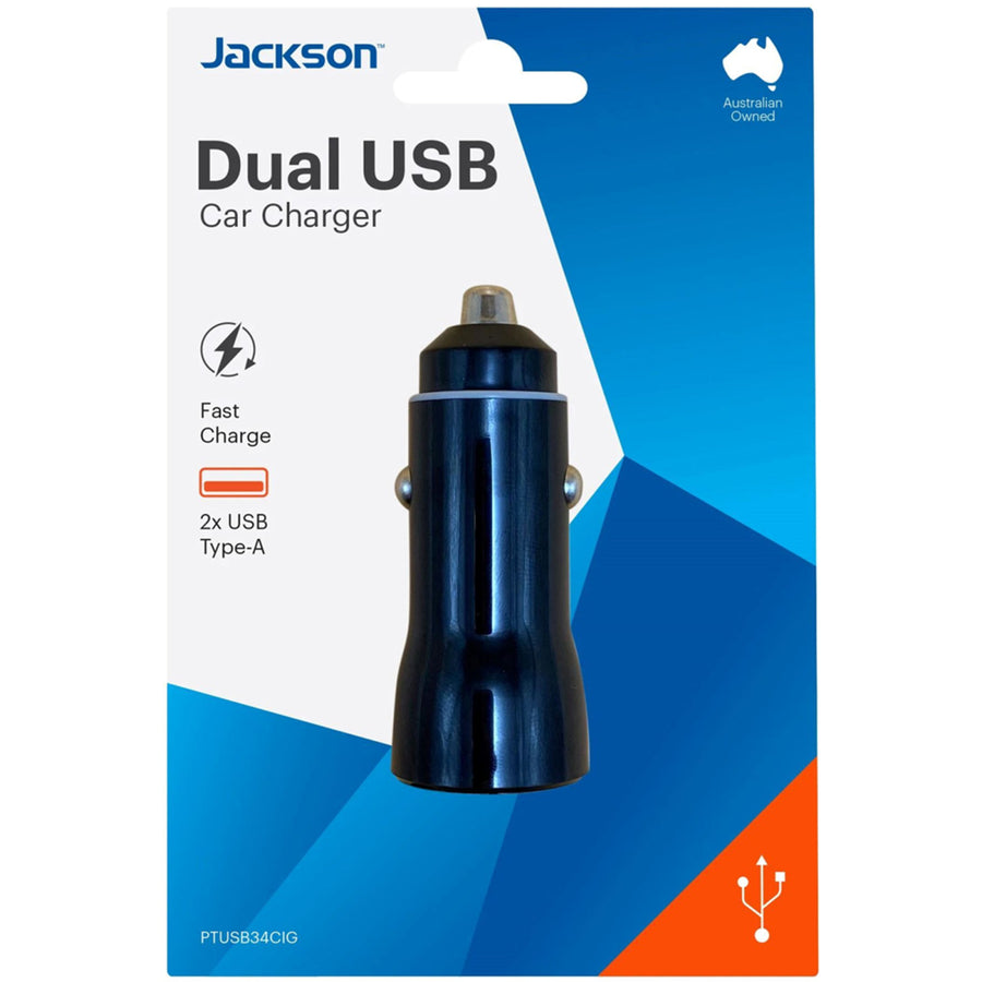 JACKSON PTUSB34CIG - 3.4A Dual Port In-Car Phone Charger w/ 2x USB-A Ports. Fast Charge 2 Devices