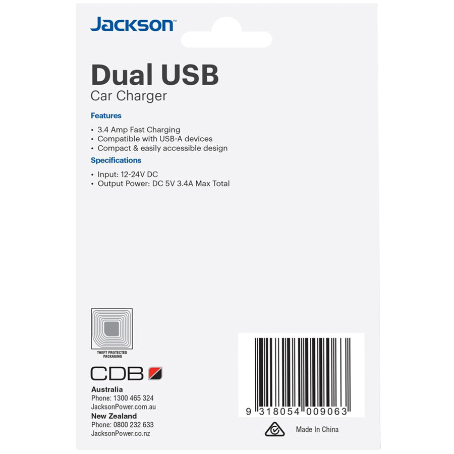 JACKSON PTUSB34CIG - 3.4A Dual Port In-Car Phone Charger w/ 2x USB-A Ports. Fast Charge 2 Devices