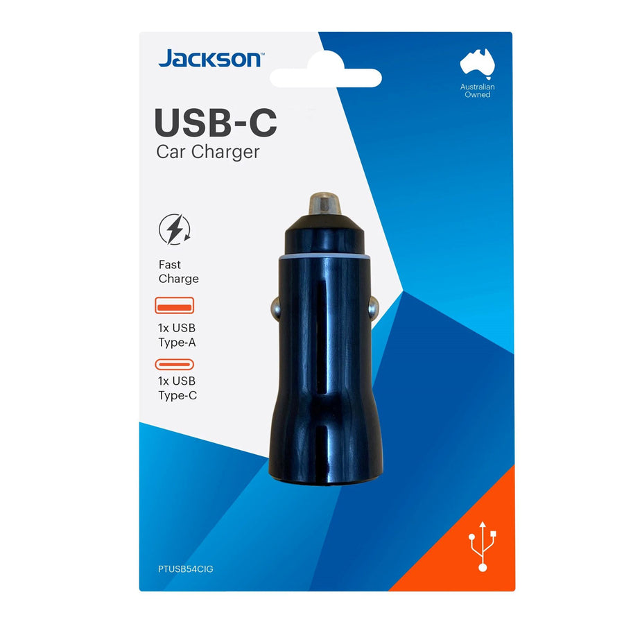 JACKSON PTUSB54CIG - 5.4A Dual Port In-Car Phone Charger w/ 1x USB-A & 1x USB-C Ports. Fast Charge 2 Devices