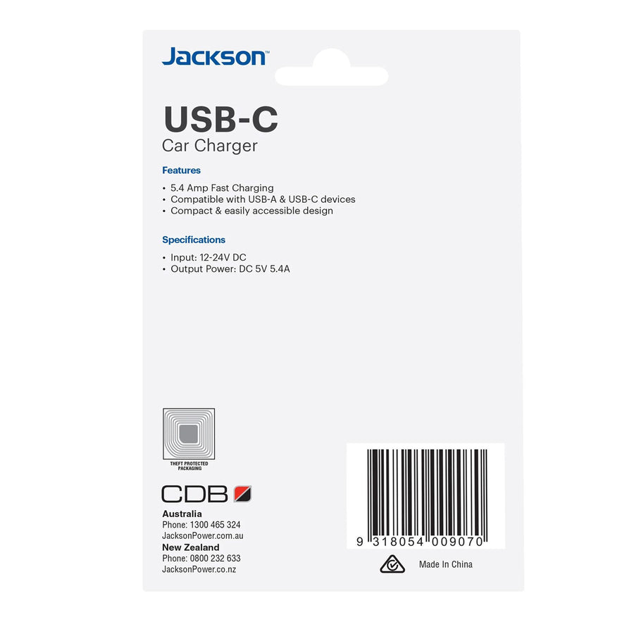 JACKSON PTUSB54CIG - 5.4A Dual Port In-Car Phone Charger w/ 1x USB-A & 1x USB-C Ports. Fast Charge 2 Devices