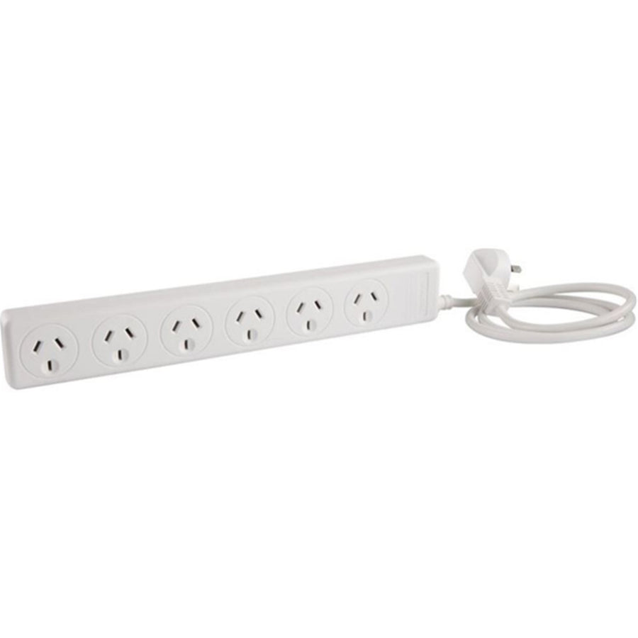 JACKSON PT6868 - 6-Way 10A Powerboard w/ Overload Protection & 1m Lead. Angled 3-Pin. Wall Mountable