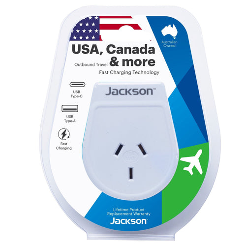 Jackson PTA8809USBMC Schlanker Reiseadapter - 1x USB-A & 1x USB-C (2.1A) Ladeanschlüsse