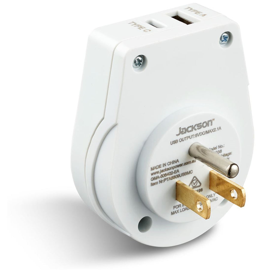Jackson  PTA8809USBMC Slim Outbound Travel Adaptor - 1x USB-A & 1x USB-C (2.1A) Charging Ports