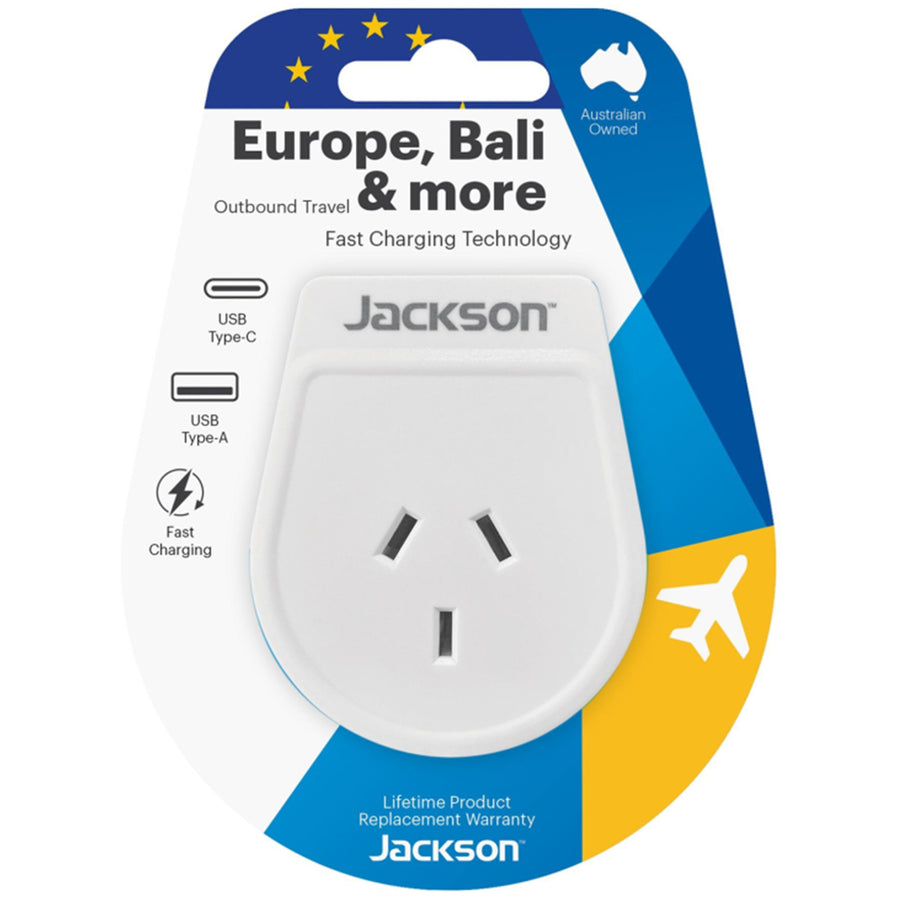 Jackson  PTA8810USBMC Slim Outbound Travel Adaptor with 1x USB-A & 1x USB-C (2.1A) Charging Port