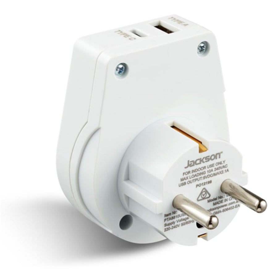 Jackson  PTA8810USBMC Slim Outbound Travel Adaptor with 1x USB-A & 1x USB-C (2.1A) Charging Port