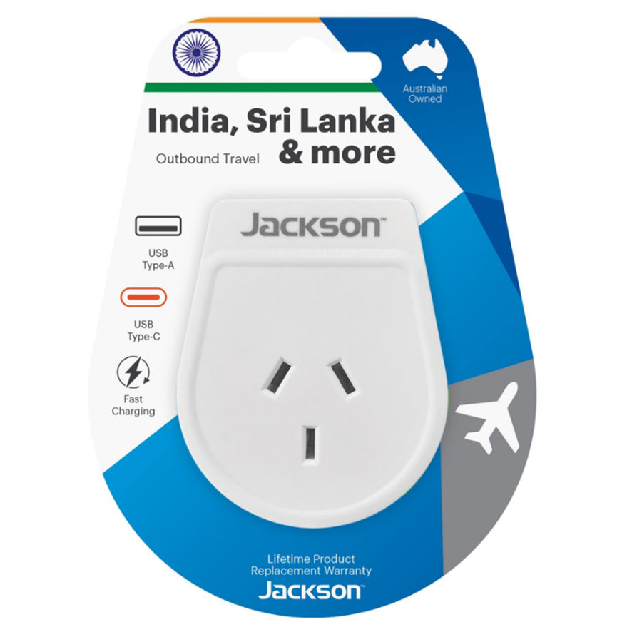 JACKSON PTA8814USBMC - Slim Outbound Travel Adaptor 1x USB-A & 1x USB-C (2.1A) Charging Ports