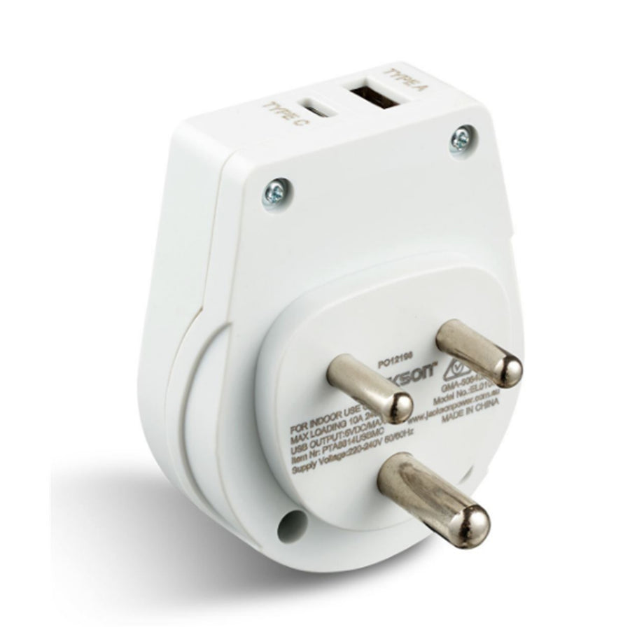 JACKSON PTA8814USBMC - Slim Outbound Travel Adaptor 1x USB-A & 1x USB-C (2.1A) Charging Ports