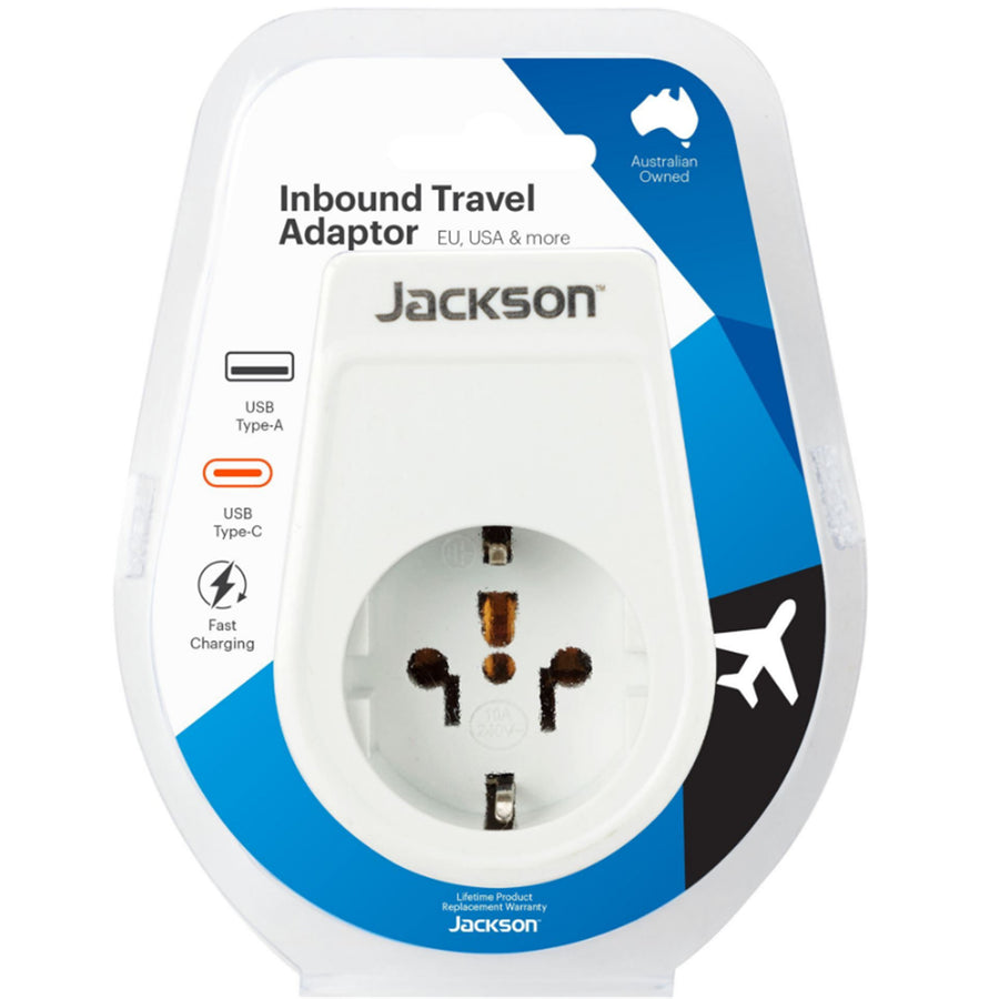 JACKSON PTA929USBMC - Slim Inbound Travel Adaptor 1x USB-A & 1x USB-C (2.1A) Charging Ports.