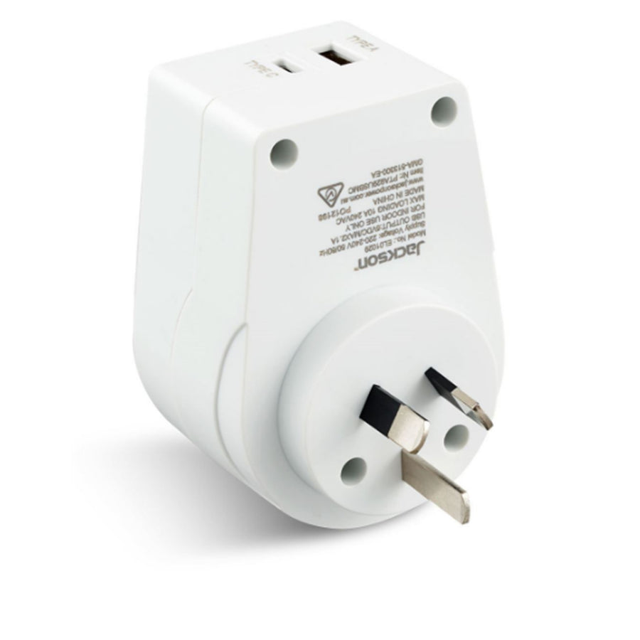 JACKSON PTA929USBMC - Slim Inbound Travel Adaptor 1x USB-A & 1x USB-C (2.1A) Charging Ports.