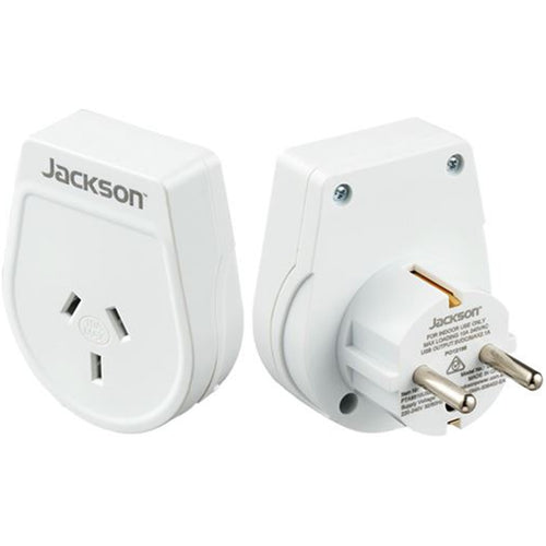 JACKSON Slim Outbound Travel Adaptor for use in Europe/Bali 3-Pin NZ/AUS Plugs.