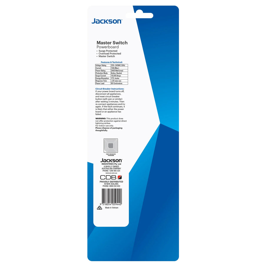 Jackson PT5944 Master Switched 4 Way Surge Protected Powerboard