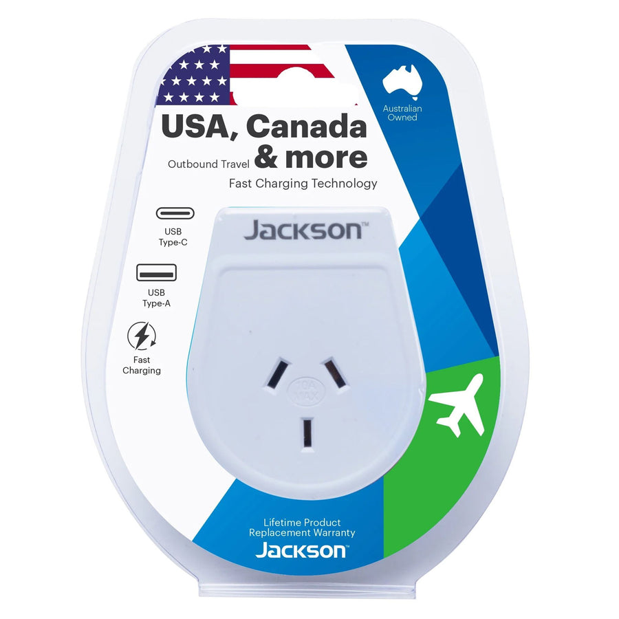 JACKSON PTA8809USBPD - Outbound 20W PD Travel Adapter USB-A/C Ports NZ/AUS Plugs for use in USA Canada and more