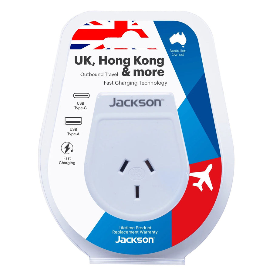JACKSON PTA8811USBPD - Outbound 20W PD Travel Adapter USB-A/C Ports NZ/AUS Plugs for use in UK Hong Kong and more