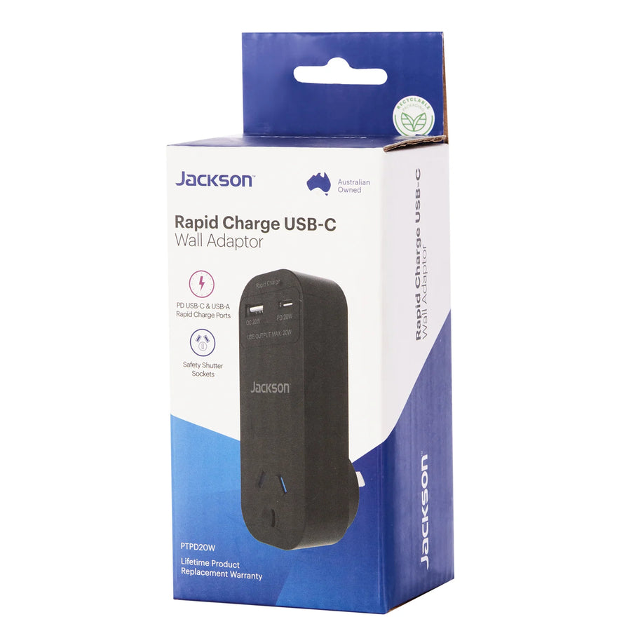 JACKSON PTPD20W - 20W PD Rapid Charge USB-A/C Ports Wall Adapter
