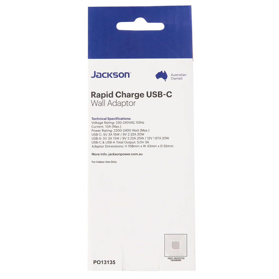 JACKSON PTPD20W - 20W PD Rapid Charge USB-A/C Ports Wall Adapter