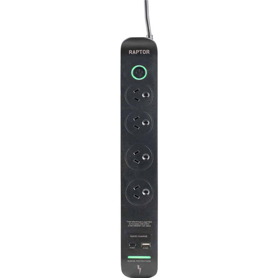 Jackson RAP445 Raptor Master Switched 4 Way Surge Protected Powerboard 45W PD USB-C 36W USB-APorts