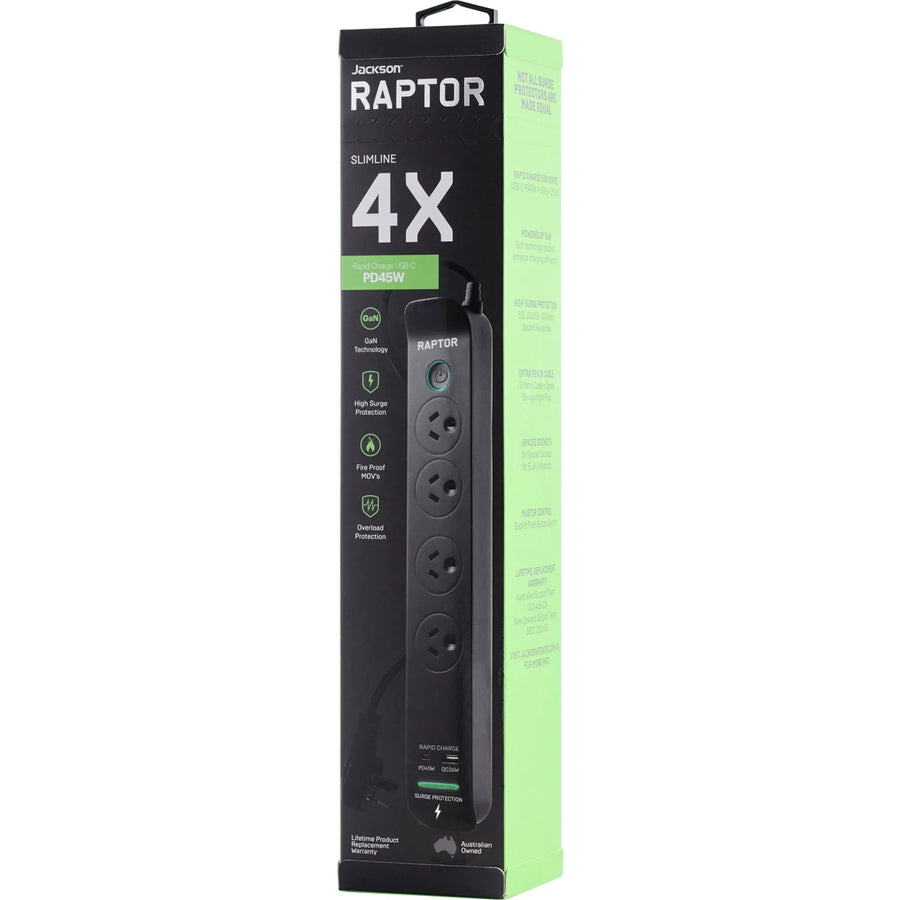Jackson RAP445 Raptor Master Switched 4 Way Surge Protected Powerboard 45W PD USB-C 36W USB-APorts
