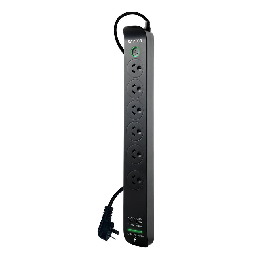Jackson RAP645 Raptor Master Switched 6 Way Surge Protected Powerboard 45W PD USB-C 36W USB-A Ports