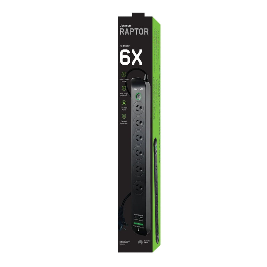 Jackson RAP645 Raptor Master Switched 6 Way Surge Protected Powerboard 45W PD USB-C 36W USB-A Ports