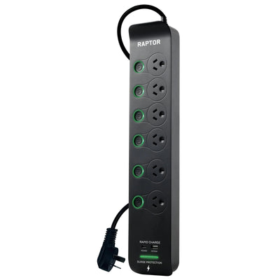 JACKSON Raptor Individually Switched 6 Way Surge Protected Powerboard 45W PD USB-C 36W USB-A Ports