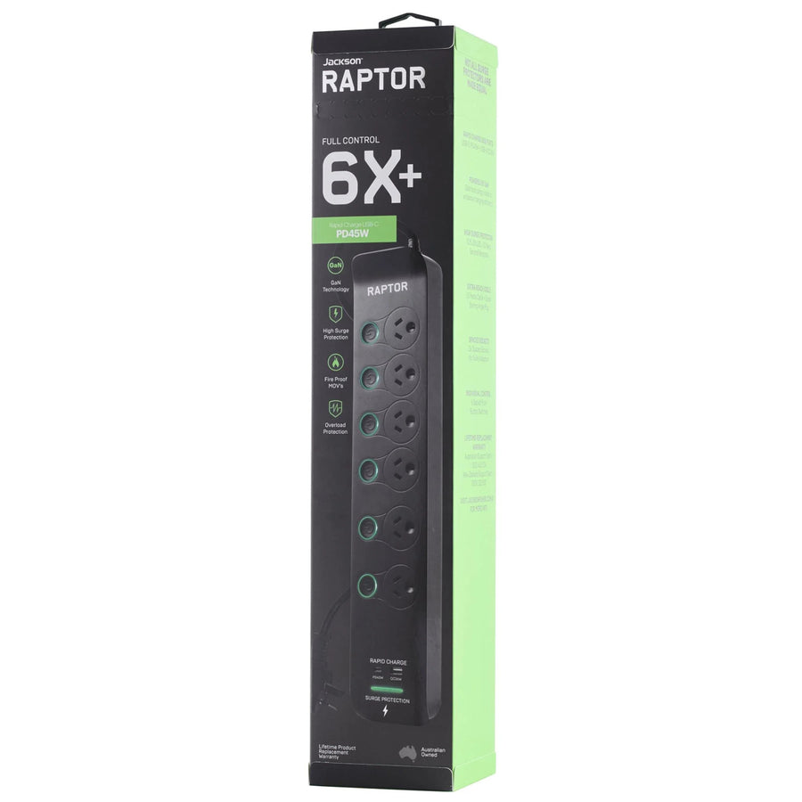 JACKSON Raptor Individually Switched 6 Way Surge Protected Powerboard 45W PD USB-C 36W USB-A Ports