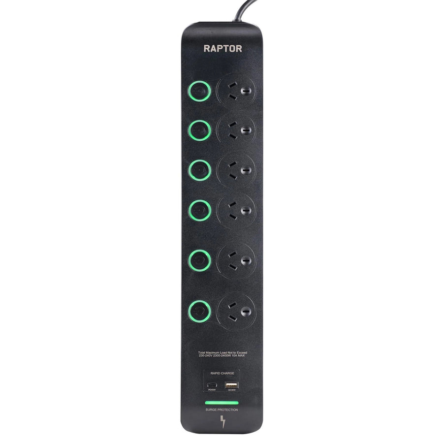 JACKSON Raptor Individually Switched 6 Way Surge Protected Powerboard 45W PD USB-C 36W USB-A Ports
