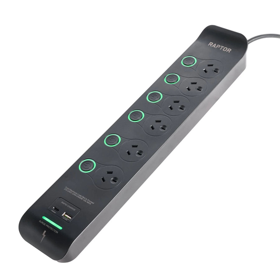 JACKSON Raptor Individually Switched 6 Way Surge Protected Powerboard 45W PD USB-C 36W USB-A Ports