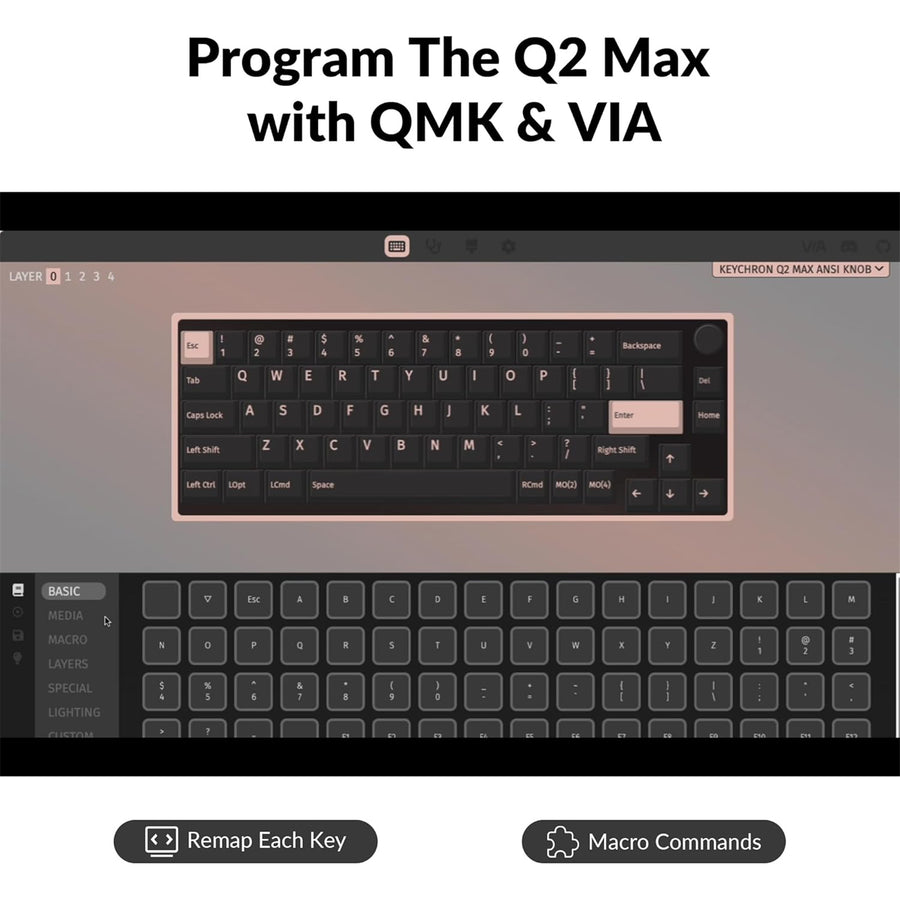 Keychron Q2 Max 65% ANSI Layout 68 Key Carbon Black Full Assembled Knob Brown Switch RGB Hot-Swap Gateron Jupiter Wireless / Wired / 2.4GHz Normal Profile QMK Custom Keyboard