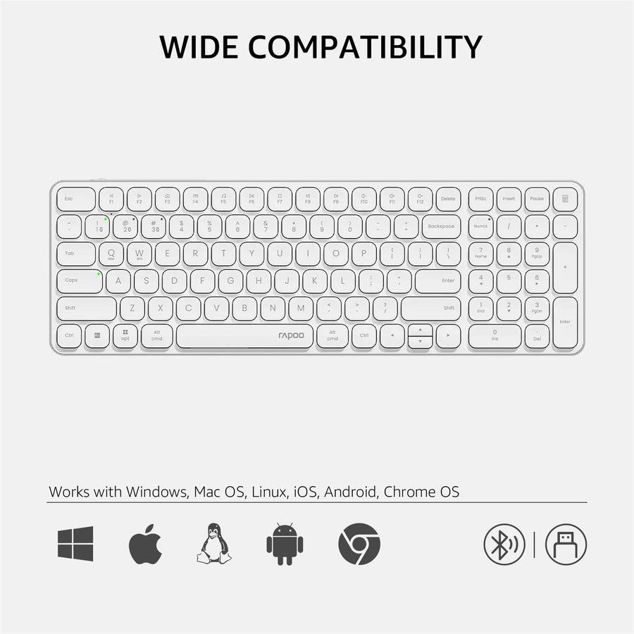 Rapoo E9350L Wireless Multi-mode Ultra-slim 99 Key Keyboard with Bluetooth and 2.4g White
