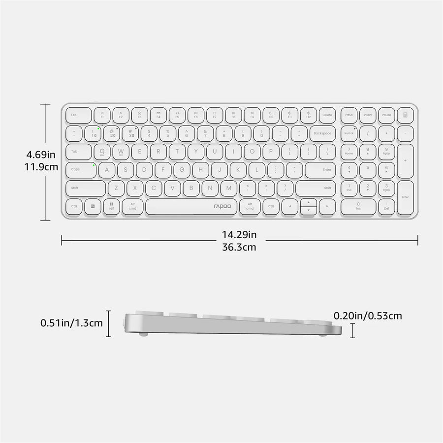 Rapoo E9350L Wireless Multi-mode Ultra-slim 99 Key Keyboard with Bluetooth and 2.4g White