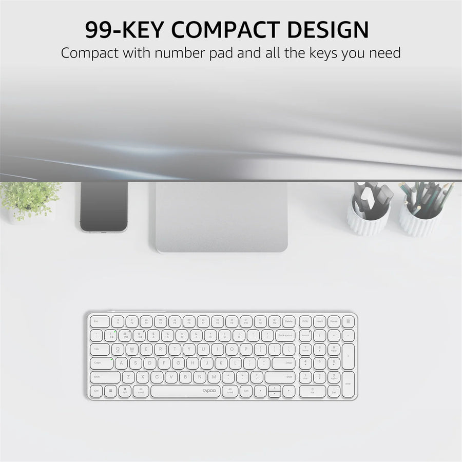 Rapoo E9350L Wireless Multi-mode Ultra-slim 99 Key Keyboard with Bluetooth and 2.4g White