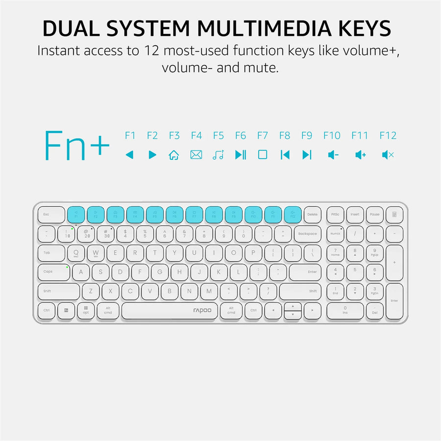 Rapoo E9350L Wireless Multi-mode Ultra-slim 99 Key Keyboard with Bluetooth and 2.4g White