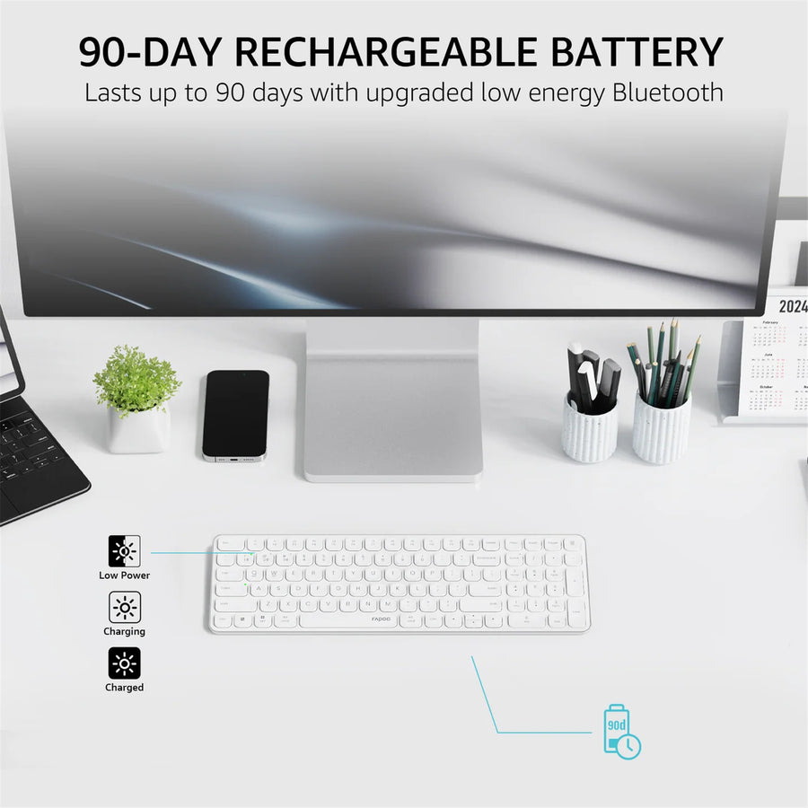 Rapoo E9350L Wireless Multi-mode Ultra-slim 99 Key Keyboard with Bluetooth and 2.4g White