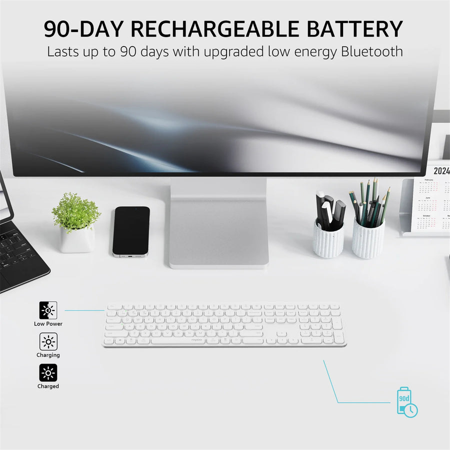 Rapoo E9950L Wireless Multi-mode Ultra-slim 110 Key Keyboard with Bluetooth and 2.4g White