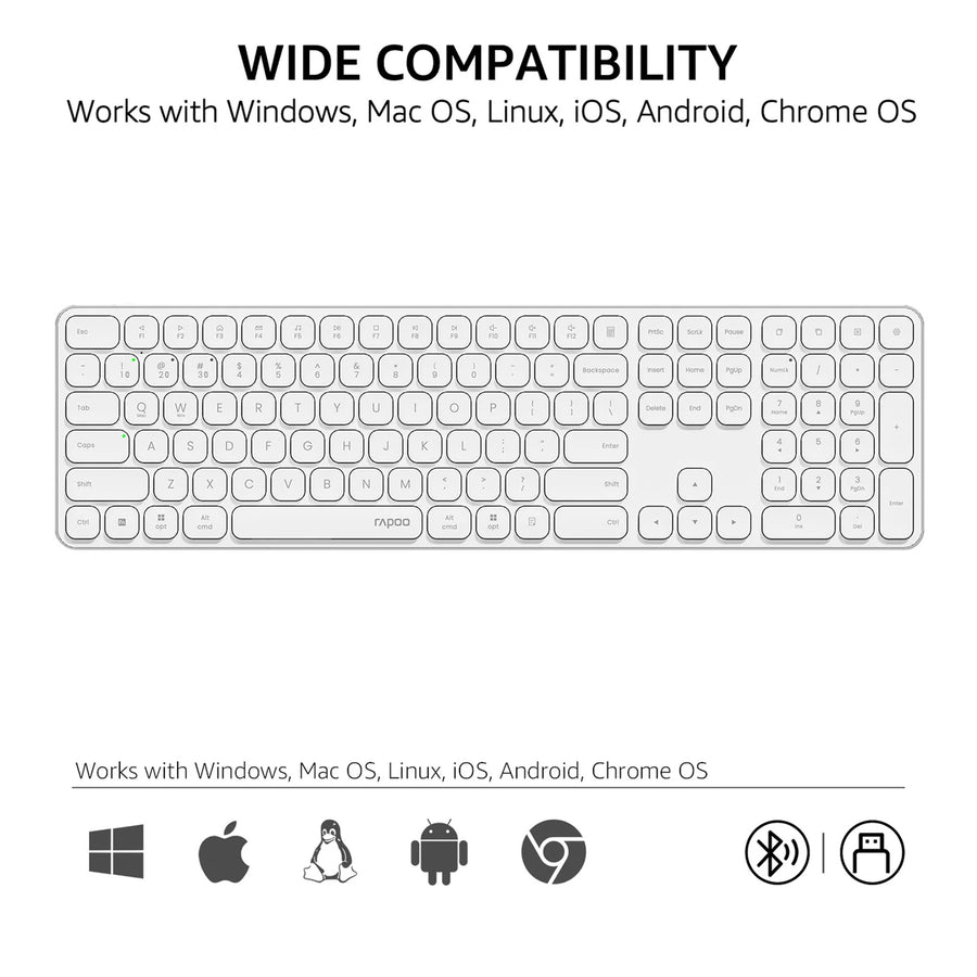 Rapoo E9950L Wireless Multi-mode Ultra-slim 110 Key Keyboard with Bluetooth and 2.4g White
