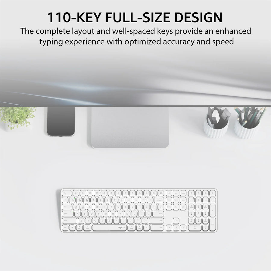 Rapoo E9950L Wireless Multi-mode Ultra-slim 110 Key Keyboard with Bluetooth and 2.4g White