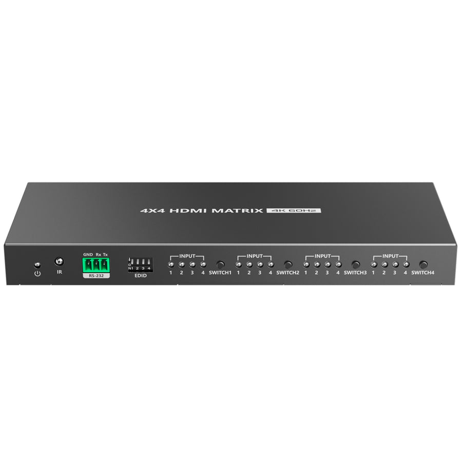 LENKENG 4K 4x4 Matrix Switch. 4x HDMI 2.0 inputs and outputs. to 18Gbps. IR remote control. 3PinRS232 control. Plug & Play Max Res: 4K 60Hz (4096x2160) Includes Remote Control.