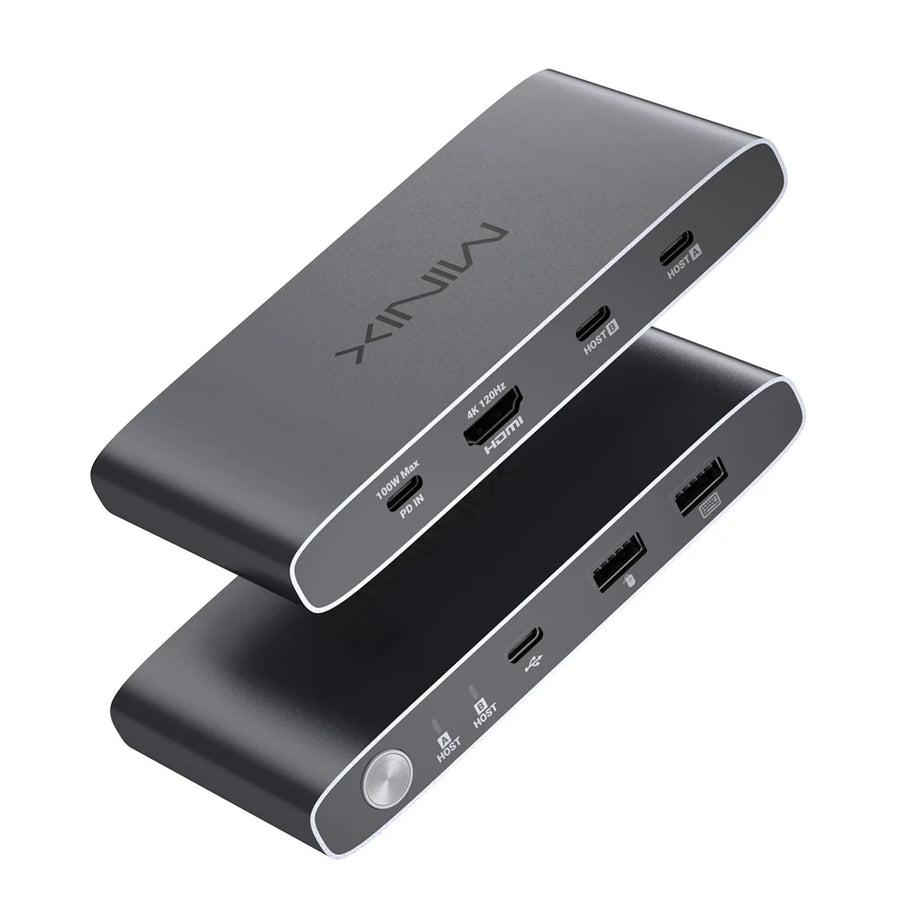 MINIX K1 USB-C KVM Switch for 1 Monitors 2 Computers, 4K120Hz HDR, 100W PD 3.0, Dual USB-C Input KVM Switches, Share Keyboard & Mouse, Aluminum Design, Compatible with Windows, Mac, Linux, Android