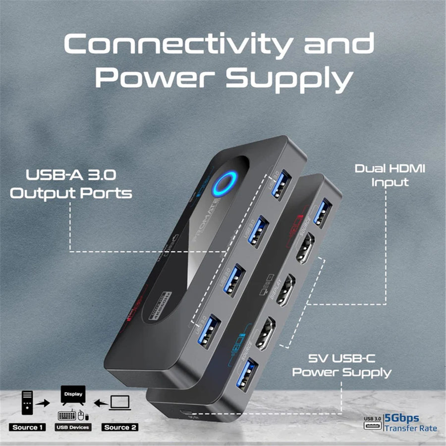 Promate MEDIASWITCH-KVM - KVM Switch w/ 4x USB-A 3.0 5Gbps Outputs & 4x HDMI 4K@60Hz Ports