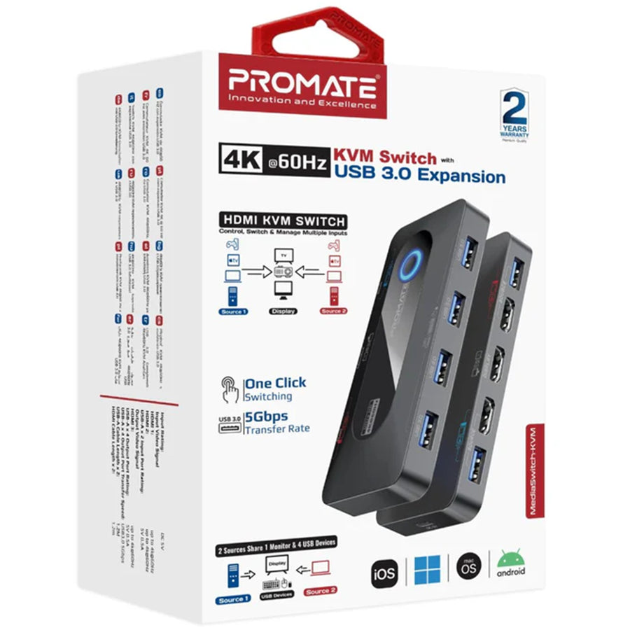 Promate MEDIASWITCH-KVM - KVM Switch w/ 4x USB-A 3.0 5Gbps Outputs & 4x HDMI 4K@60Hz Ports