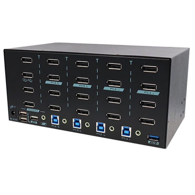 REXTRON PAAG-E3144B - 4 Ports 8K Quad Monitor DisplayPort 1.4 KVM Switch w/ USB 3.2 Gen 1, Hotkey Control
