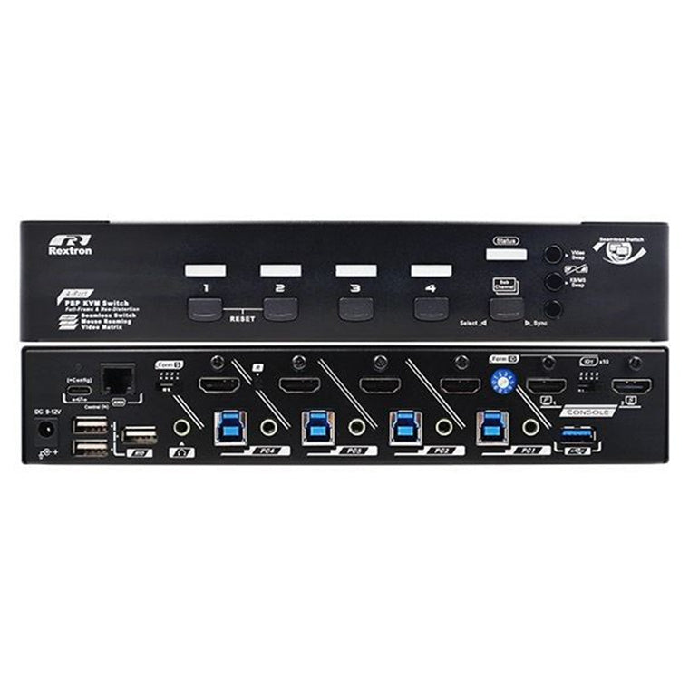 REXTRON QSBM-3214 - 4-Port Seamless True 4K KVM Switch Video Matrix PbP Mode MbM Mode USB 3.2 Serieal