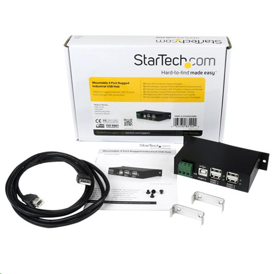 StarTech.com ST4200USBM 4-Port USB 2.0 Hub - Metal Industrial USB-A Hub - Din Rail, Wall or Desk Mountable USB Data Hub - TAA Compliant USB Expander Hub