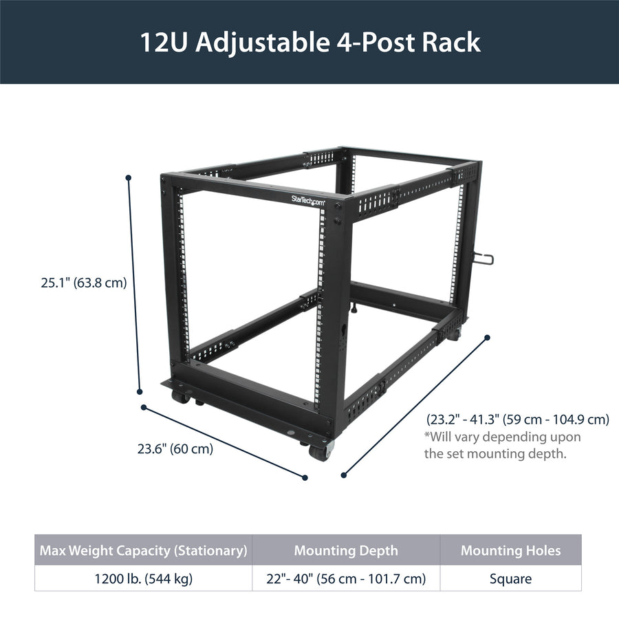 StarTech.com 4POSTRACK12U 12U 19" Open Frame Server Rack - 4 Post Adjustable Depth 56-102cm Mobile - Free Standing Rolling Network/Computer Equipment Data Rack - Dell PowerEdge HP ProLiant ThinkServer