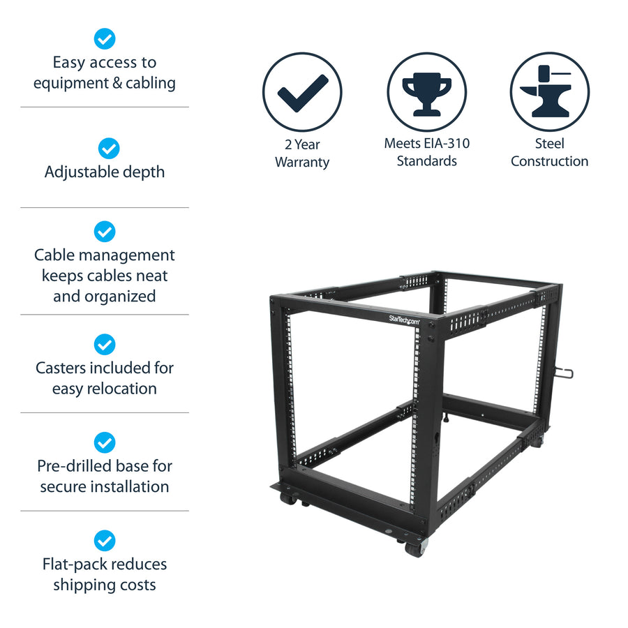 StarTech.com 4POSTRACK12U 12U 19" Open Frame Server Rack - 4 Post Adjustable Depth 56-102cm Mobile - Free Standing Rolling Network/Computer Equipment Data Rack - Dell PowerEdge HP ProLiant ThinkServer